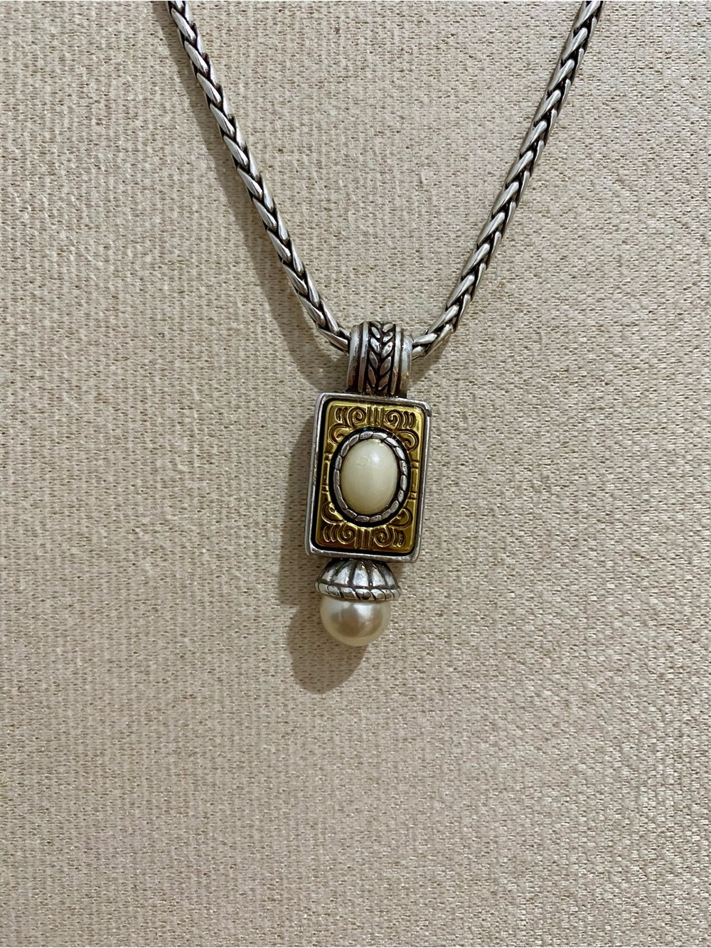 Brighton Two-Tone Rectangular Pendant Necklace with Ivory Pearl Drop